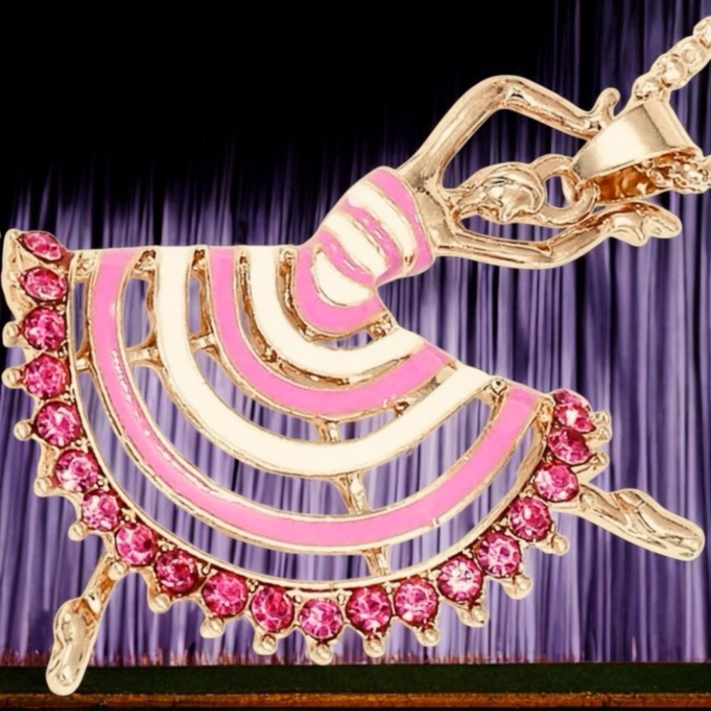 Ballerina, Dancer Full Skirted Crystal & Enamel Gold, White, & Pink, Necklace - Picture 3 of 7